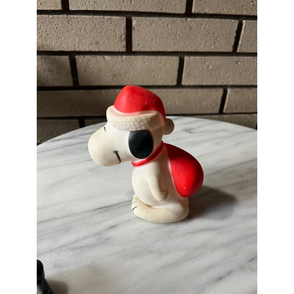 Vintage 60s Snoopy Christmas Figurine Santa Hat Red Bag Vinyl Squeeze Toy